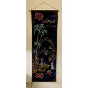 Vintage Black Velvet Wall Hanging Banner Hawaii The 50th State 32" Hula Dancer